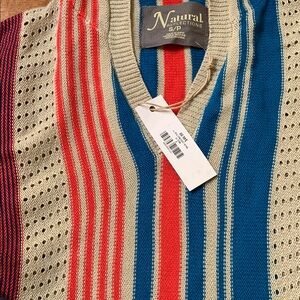 Natural Reflections V-Neck Sweater with Red, Blue, and Cream Stripes